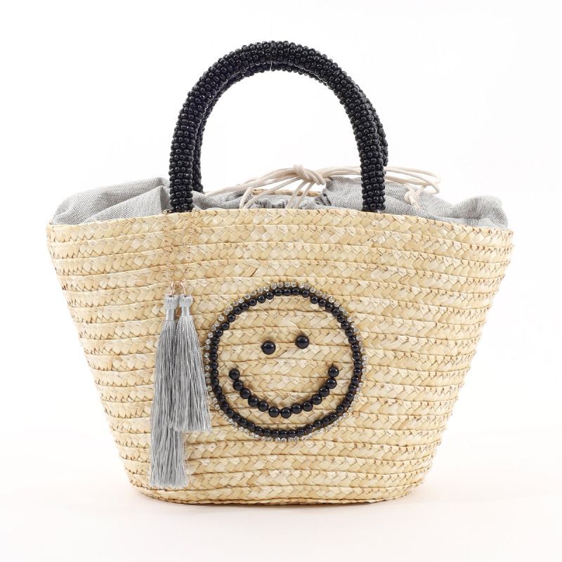 【クーコ COOCO】SMILEY　ビーズハンドルxパール刺繍カゴバッグ「通販百貨 Happy Puppy」